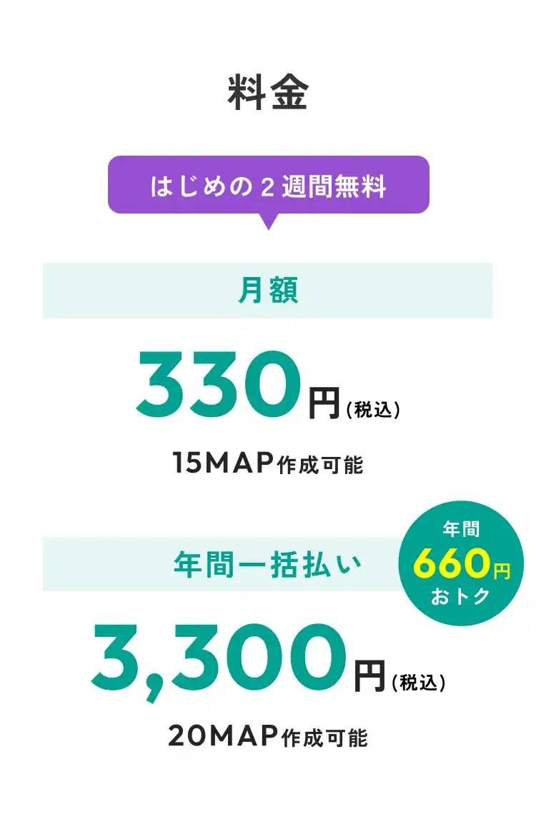 料金 はじめの2週間無料 月額330円(税込) 15MAP作成可能 年間一括払い 3,300円(税込) 20MAP作成可能 年間660円おトク